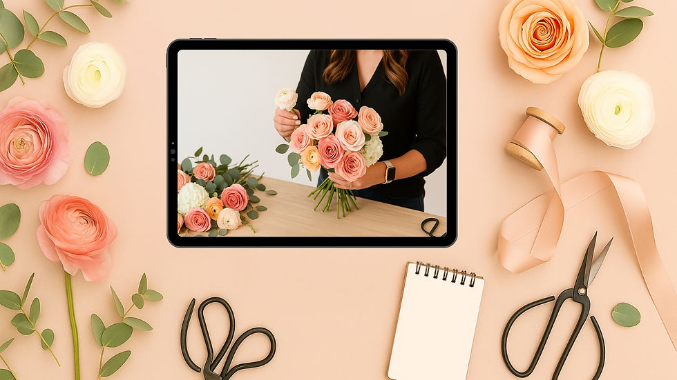 Flat lay with tablet screen showing a floral design tutorial on arranging a wedding bouquet, surrounded by roses, eucalyptus, ribbon spool, floral scissors, and notebook — floral arrangement online class workspace.