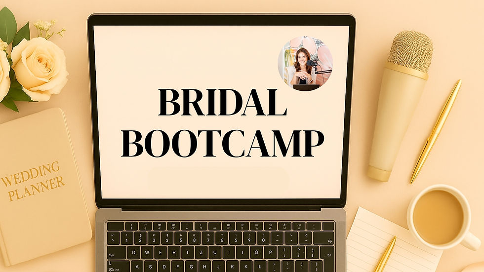 Flat lay of a laptop displaying "Bridal Bootcamp" with a small photo of Sarah Lizabeth spe