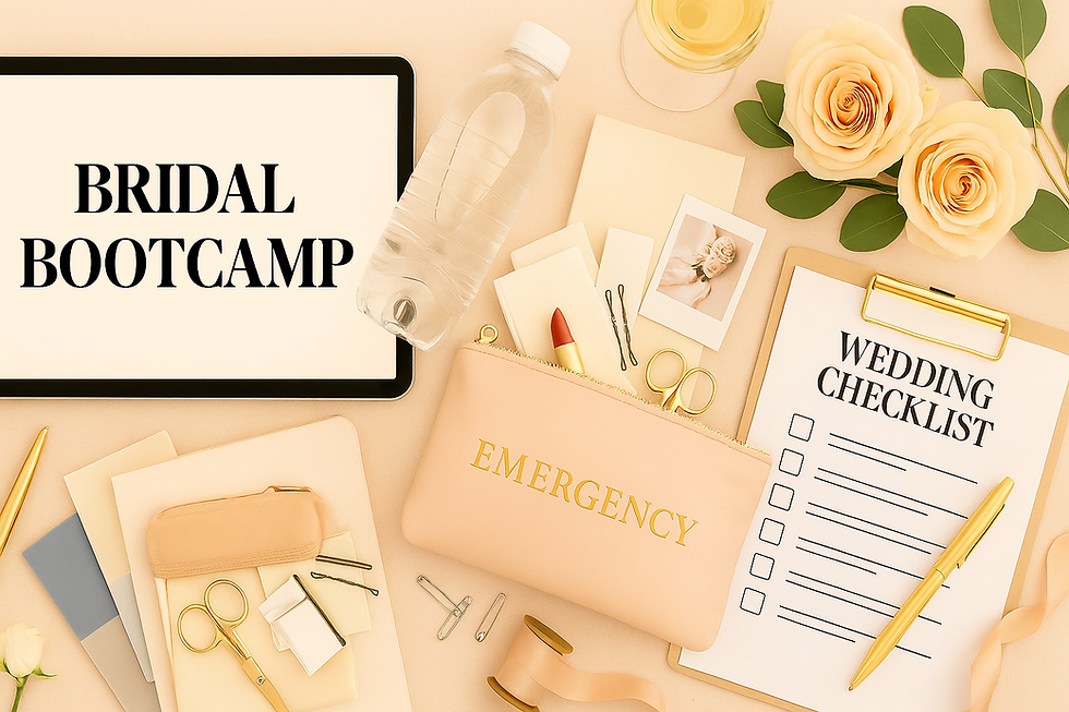 Flat lay of wedding planning freebies including a Bridal Bootcamp laptop mockup, a printed