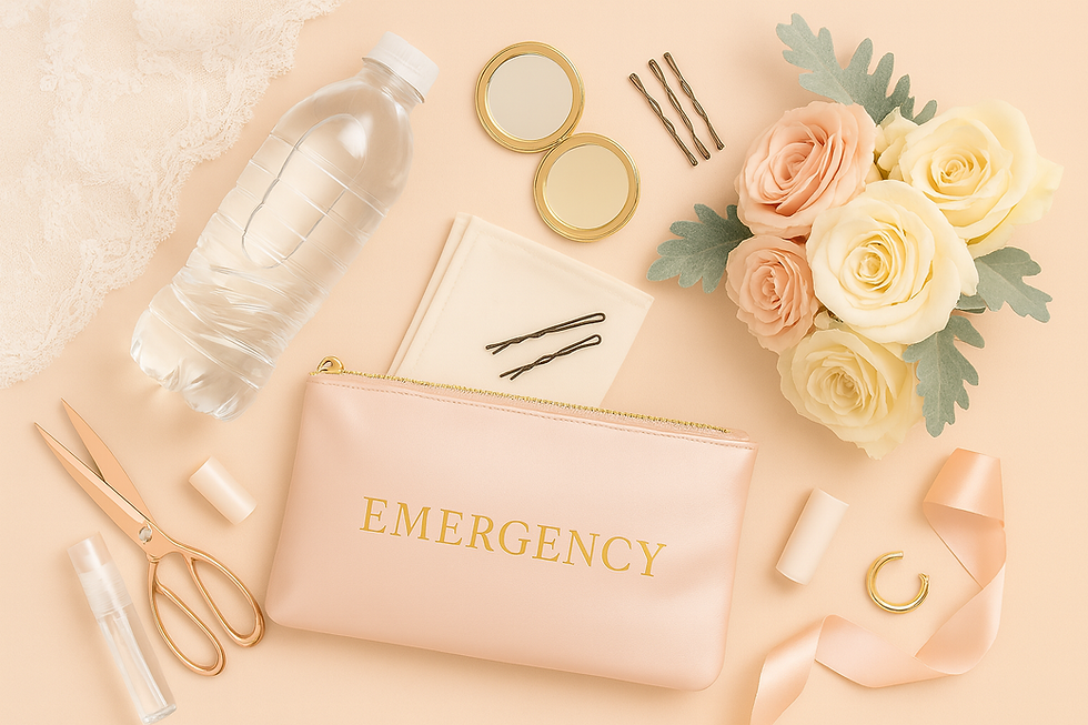 Flat lay of a wedding day emergency kit, featuring a blush pink pouch labeled “EMERGENCY,”
