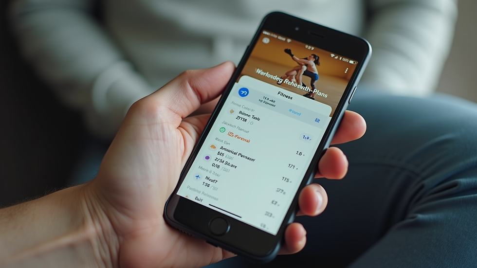Close-up view of a smartphone showing a fitness app with workout plans