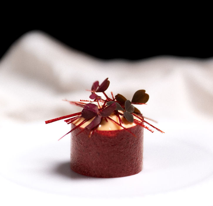 Smakelijke rode dessertcilinder met kruiden
