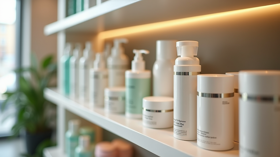 Close-up view of skincare products arranged on a salon shelf