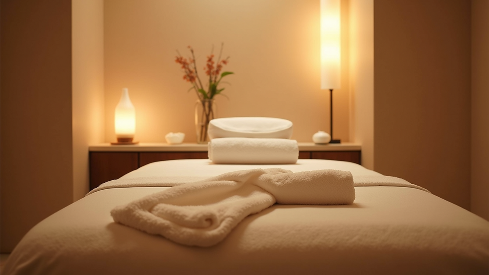 Eye-level view of a serene spa room with a massage table and soft lighting