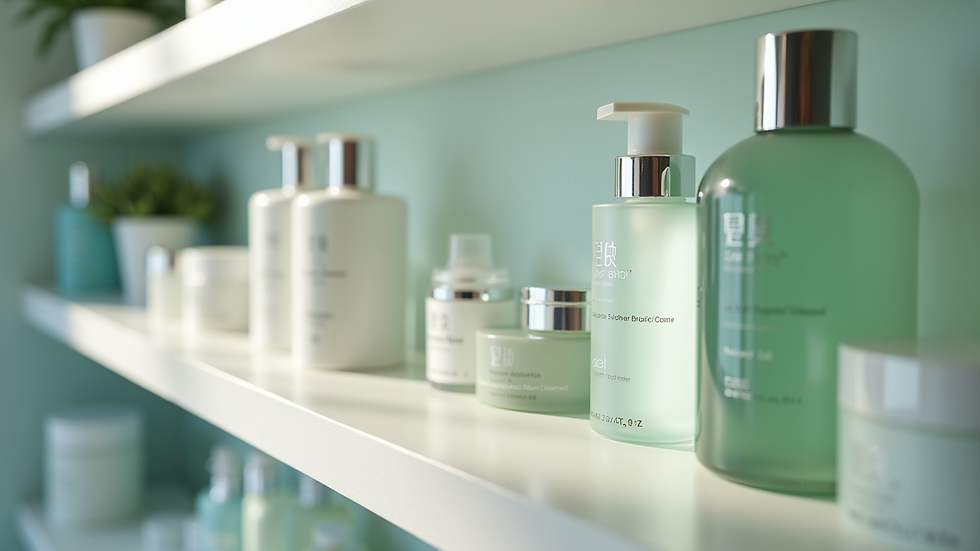 Eye-level view of a skincare shelf with various bottles and jars, focusing on a gel cleanser