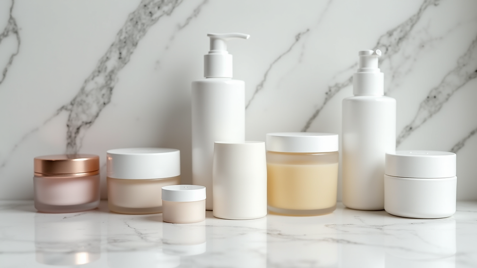 Eye-level view of skincare products arranged on a white marble countertop