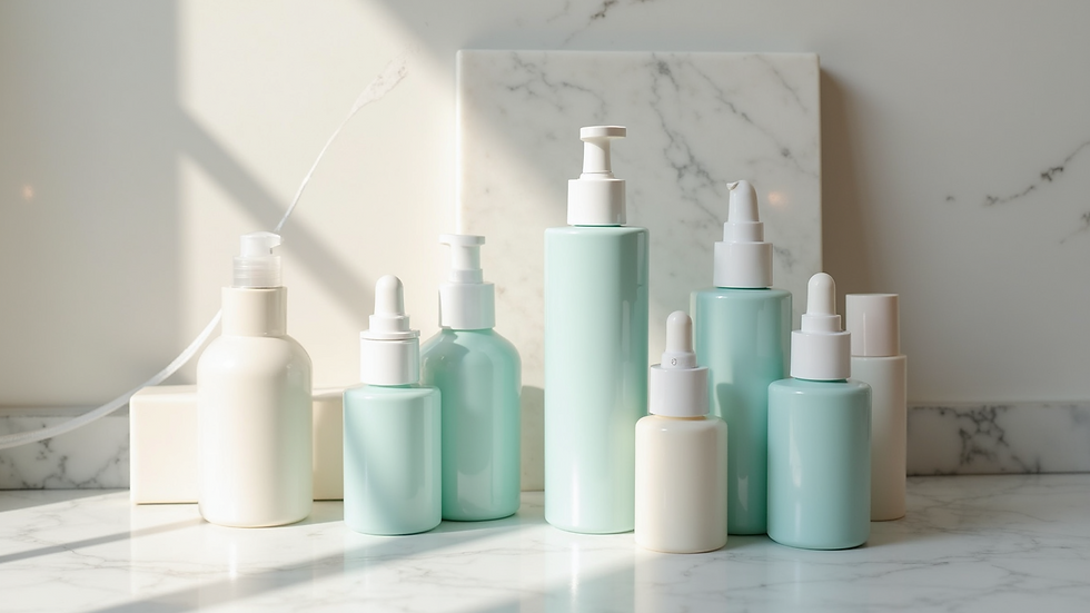 High angle view of skincare products arranged on a marble countertop