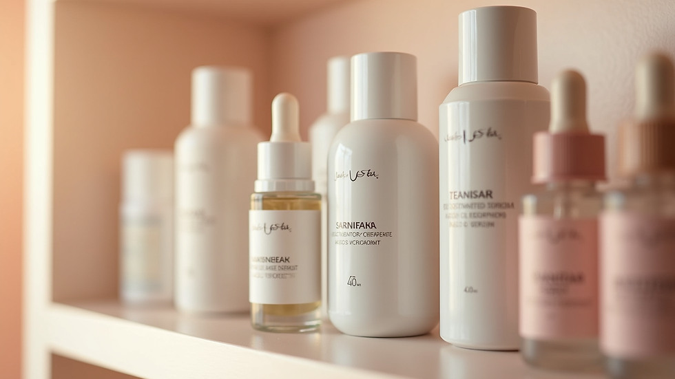 Eye-level view of a skincare shelf with various serums and moisturizers