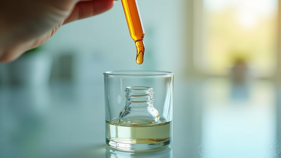 Close-up view of a dropper dispensing vitamin C serum onto a glass surface