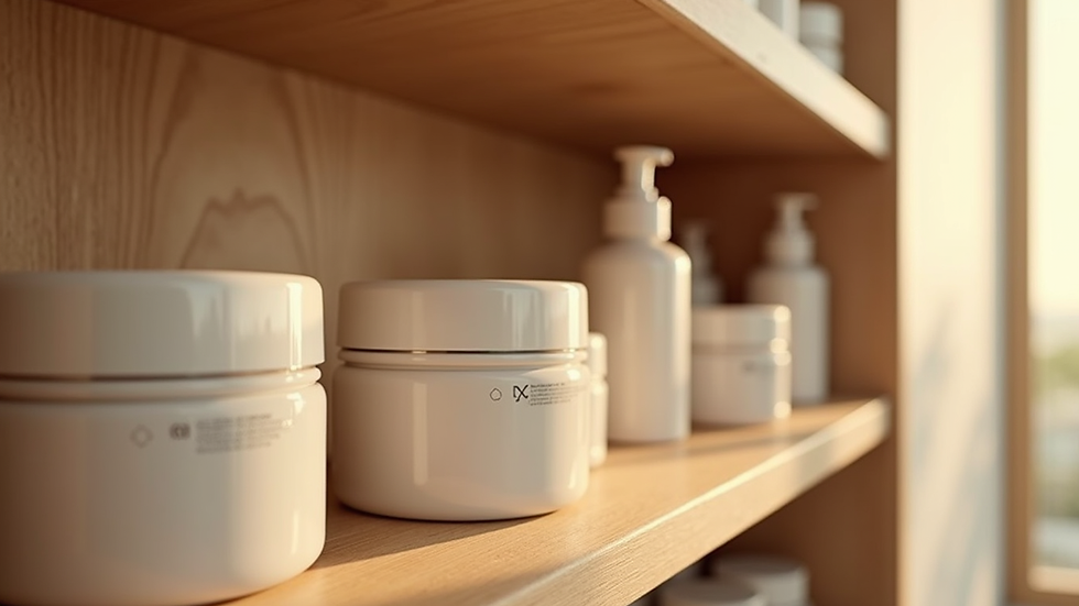 Eye-level view of skincare bottles and jars arranged on a wooden shelf