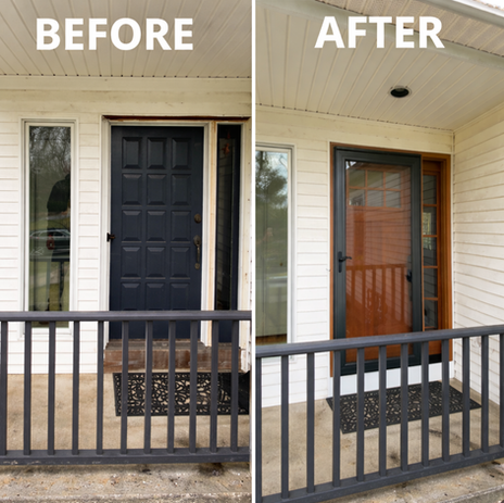 Before and after front door and storm door installation with custom trim on residential home