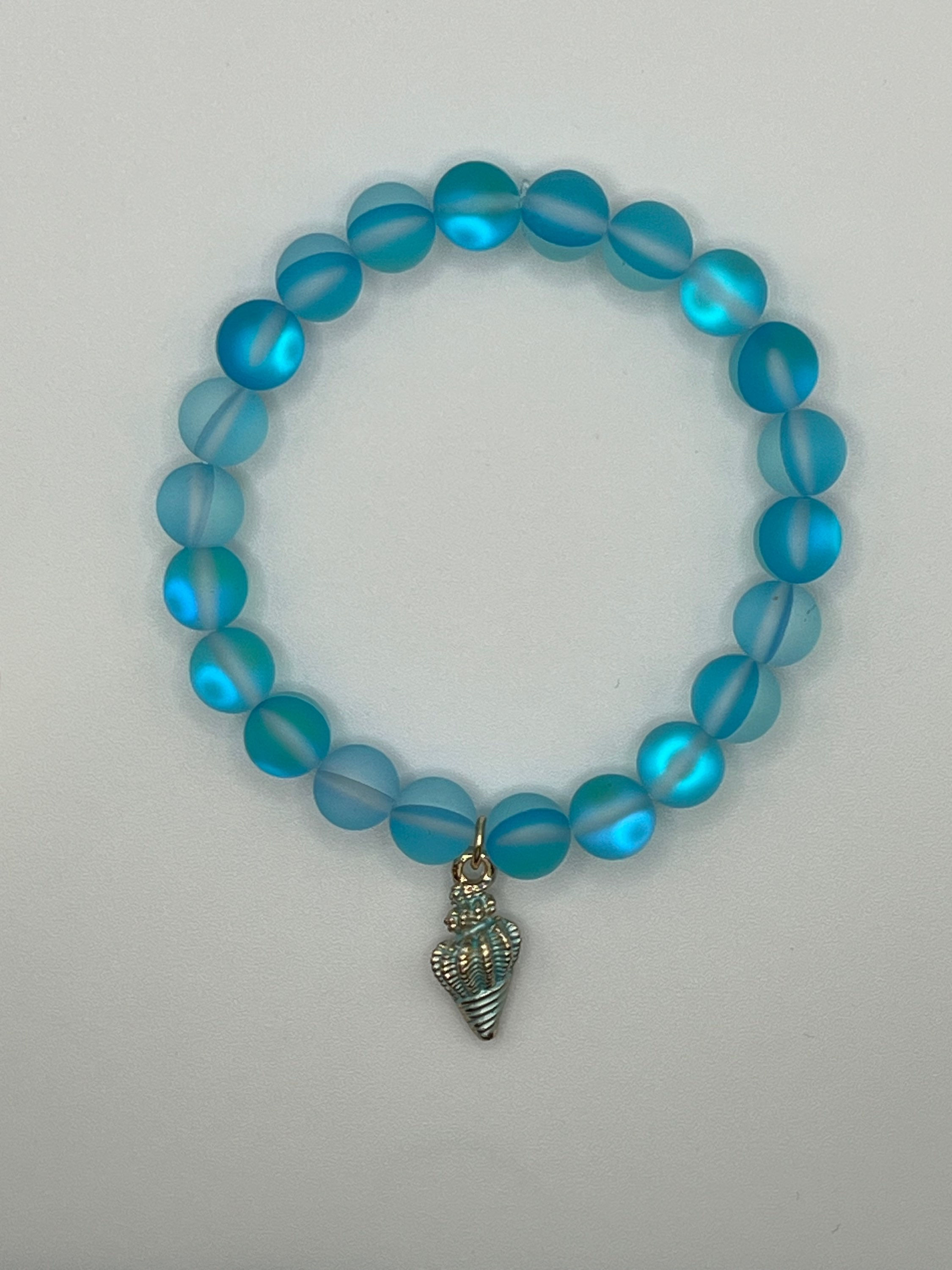 Blue Sea Glass with Seashell Pendant Bracelet