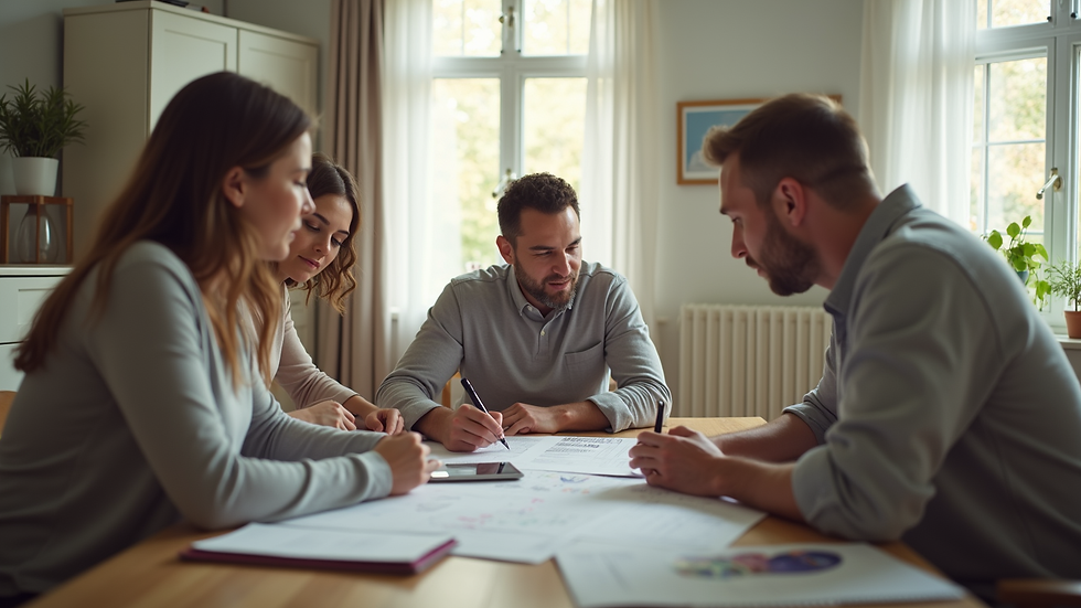 Eye-level view of a family discussing financial plans at home