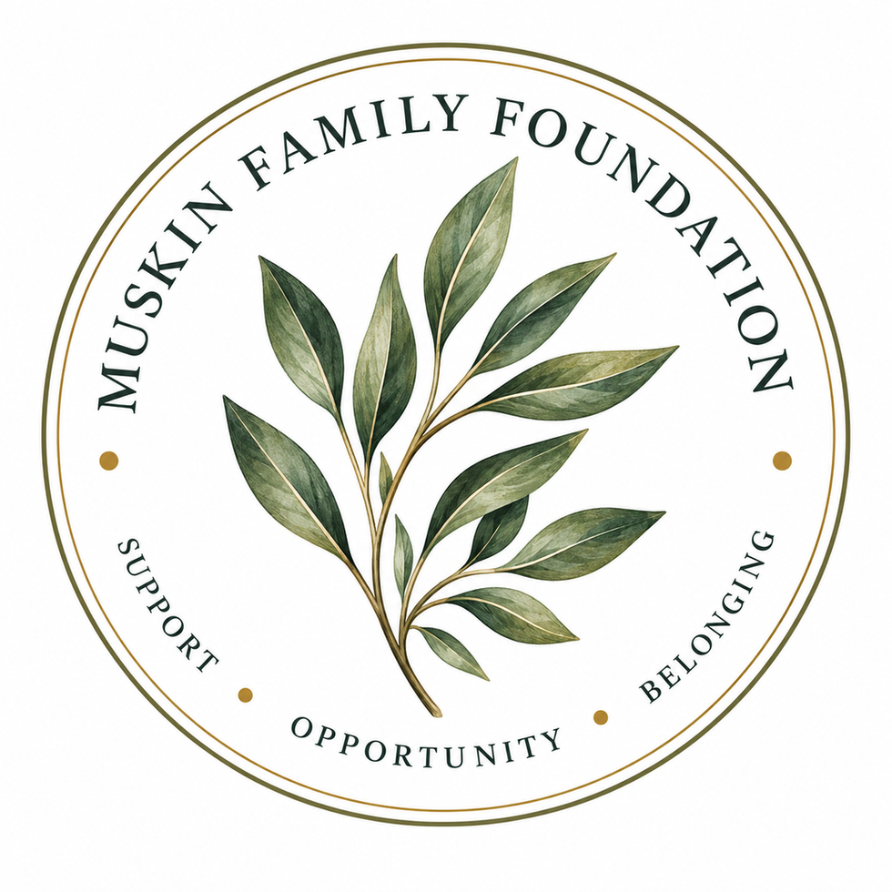 Muskin Family Foundation circular logo featuring a green leafy branch in the center, surrounded by the words “Support,” “Opportunity,” and “Belonging.”