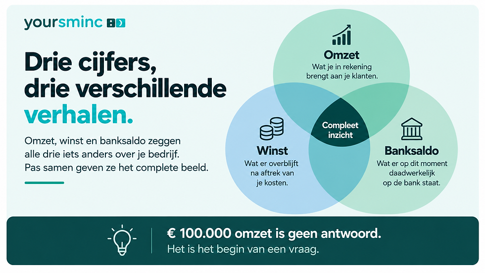 Insight-card met de boodschap dat honderdduizend euro omzet pas betekenis krijgt wanneer andere financiële cijfers worden meegenomen.