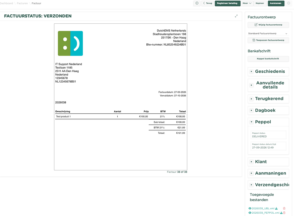 Factuurdetail in Yoursminc met een uitgeklapt Peppol-paneel waarin de status DELIVERED en datum en tijd worden getoond.