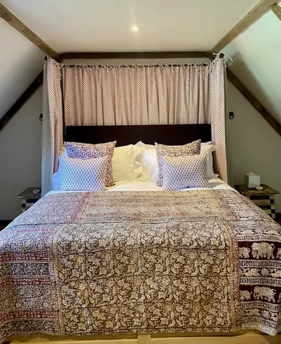 Half Tester bed curtains on metal frame in red 