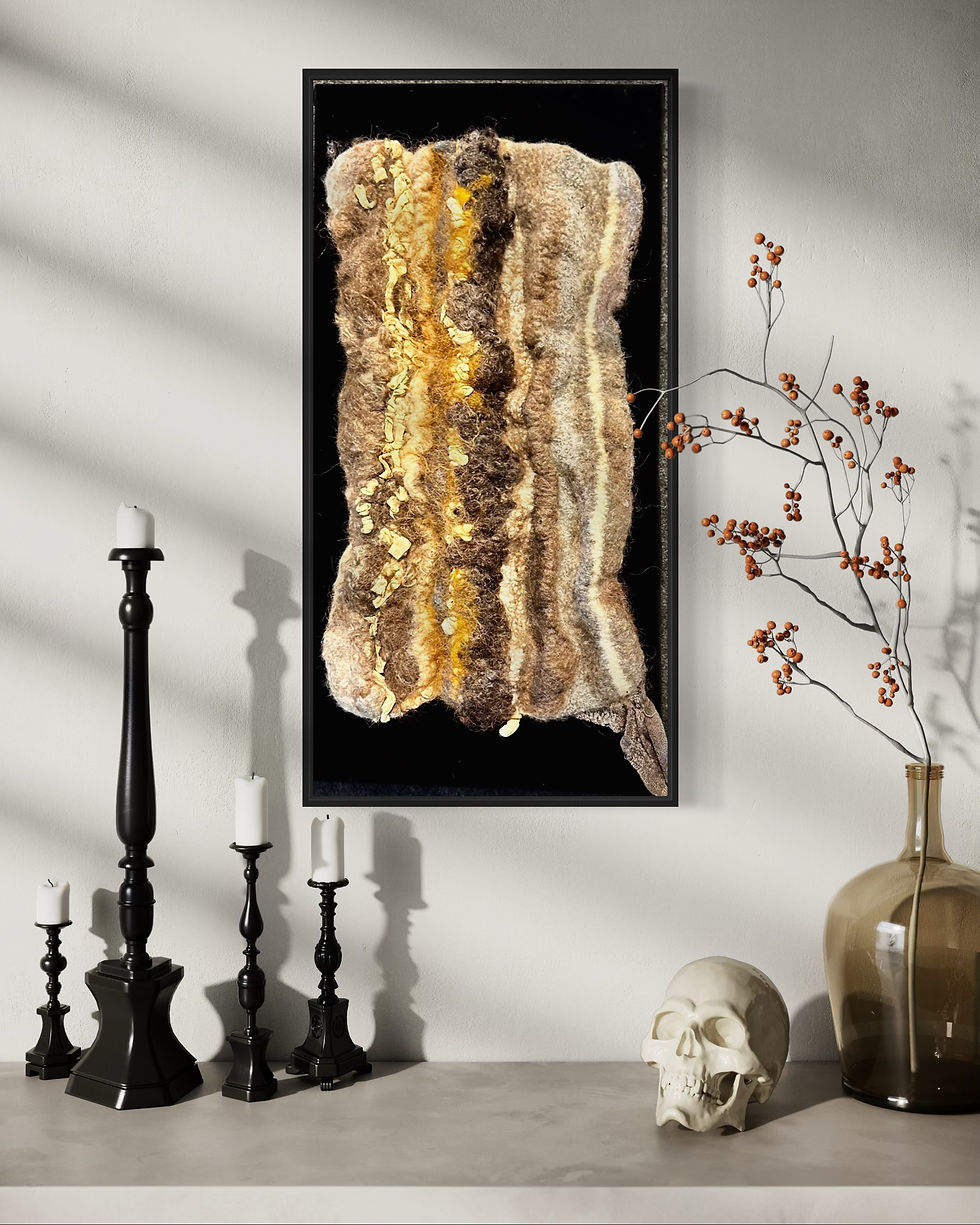 Wet felted textured fiber art wall hanging of browns, beiges and yellows