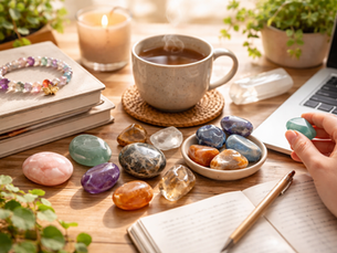 A collection of gemstones for healing on a work table