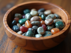A wooden bowl filled with an assortment of gemstones