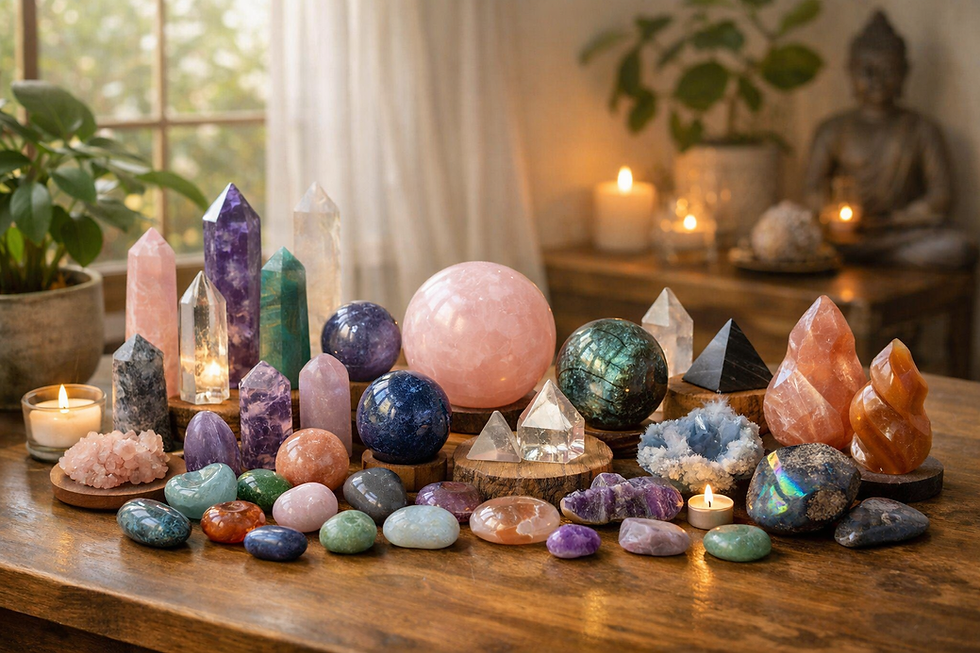 Close-up view of polished semi-precious gemstones arranged on a wooden surface