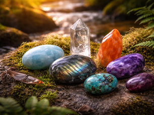 A variety of gemstones for personal transformation in a natural stream setting