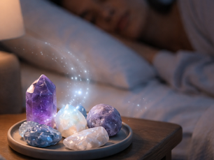 A collection of gemstones for sleep on a bedside table with a person restfully sleeping in the background.