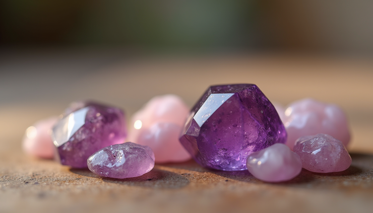 Close-up view of polished amethyst and rose quartz gemstones on a wooden surface