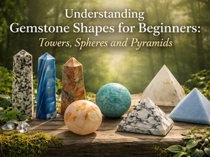Gemstone Towers, Spheres and Pyramids against a green forest background