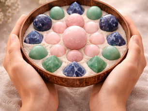 A bowl of gemstones for emotional strength embedded in sand held in the hands