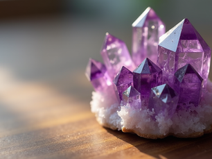 An amethyst cluster on wooden flooring in gentle sunlight