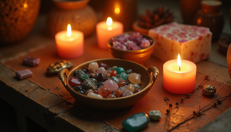 High angle view of a small prosperity altar with gemstones and candles