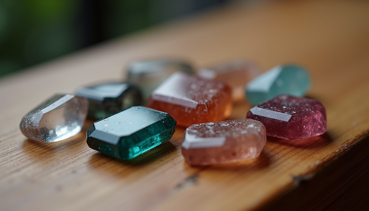 Close-up view of polished semi-precious gemstones arranged on a wooden surface