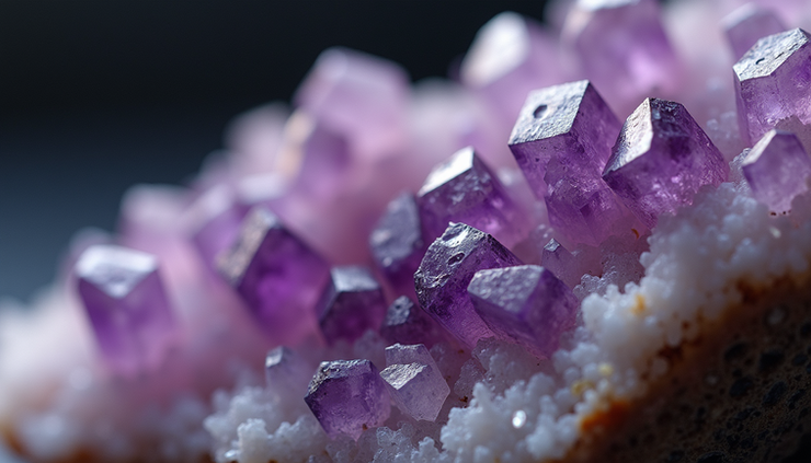 Close-up view of raw natural amethyst crystals in a mineral deposit
