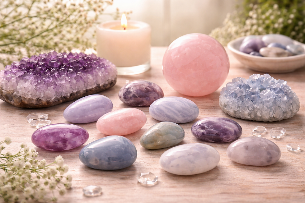 Eye-level view of assorted calming gemstones arranged on a wooden surface