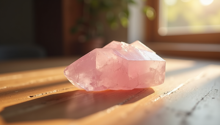 Close-up view of polished rose quartz crystal on a wooden surface