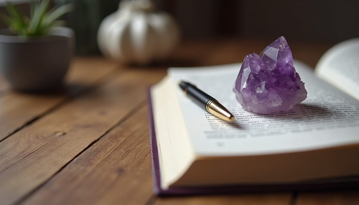 Eye-level view of a small amethyst cluster next to a journal and pen on a wooden table