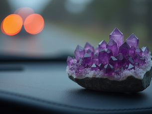 An amethyst cluster on a car dashboard