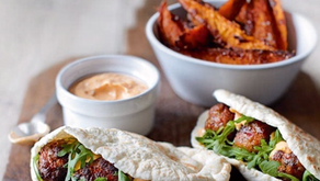 Spicy Pork Meatball Pitas with Harissa Mayo and Kūmara