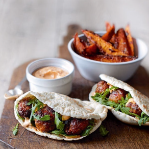 Spicy Pork Meatball Pitas with Harissa Mayo and Kūmara