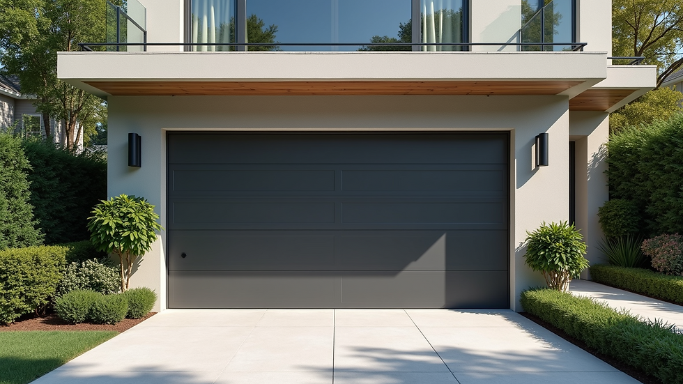 Eye-level view of a modern garage door installed on a suburban home