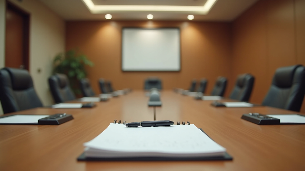 Eye-level view of a condo board meeting room with a microphone and notepad