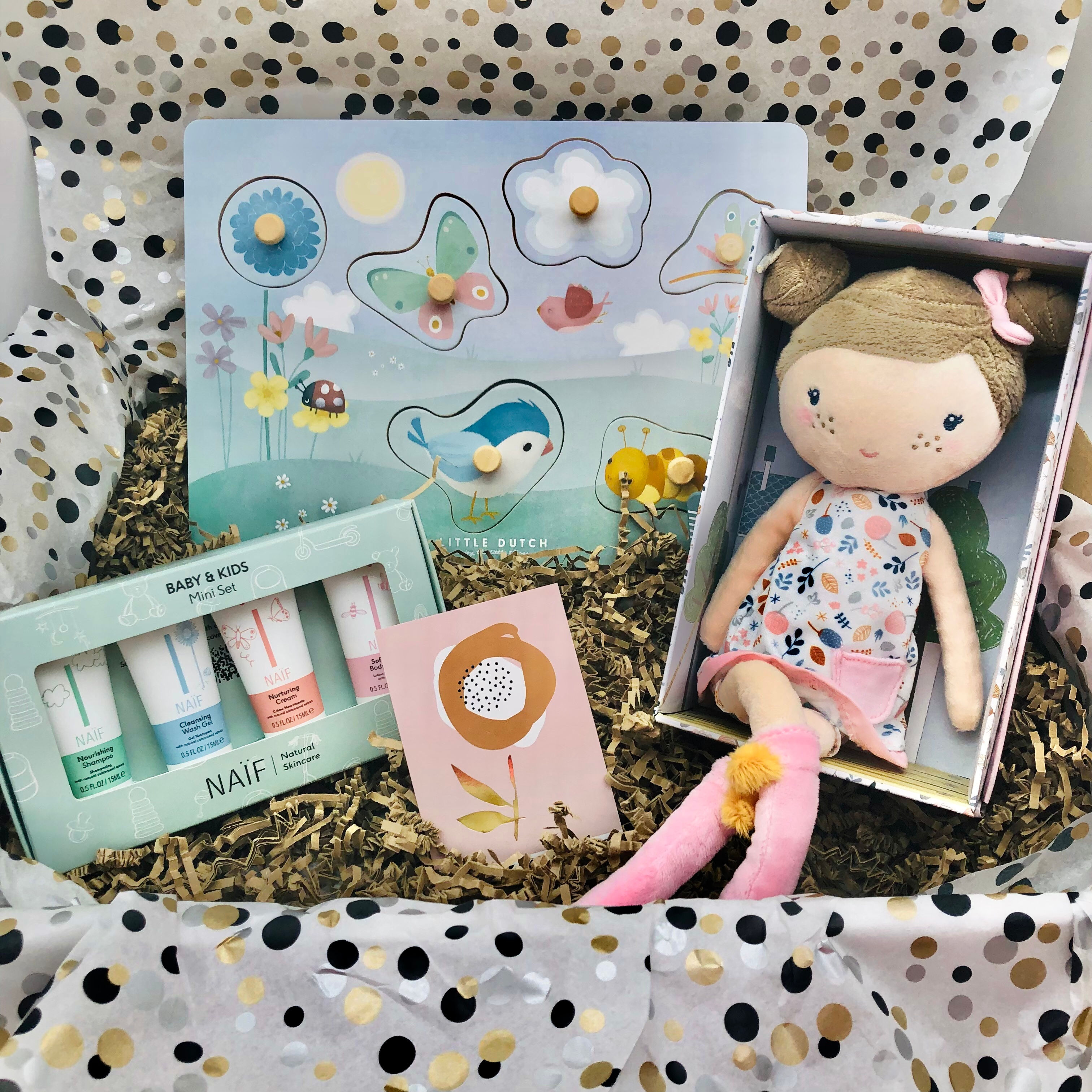 Cadeaupakket 1.7: Naïf miniset, Knuffel Rosa, Voelpuzzel Flowers & Butterflies