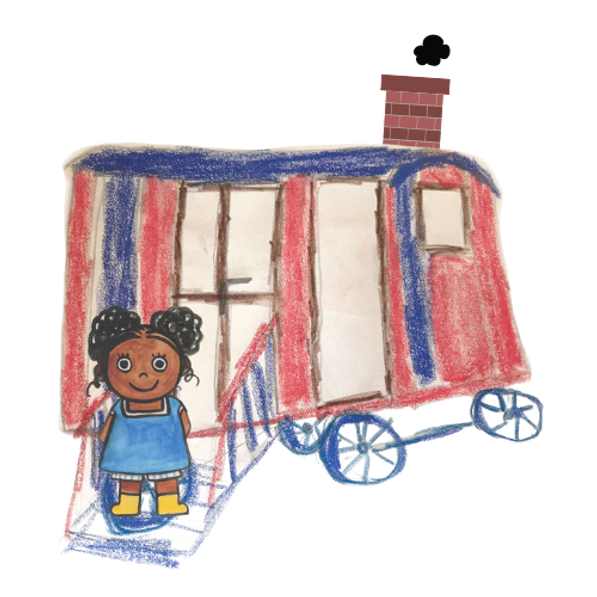 The Little Girl in The Blue Dress standing in front of her shepard's wagon house