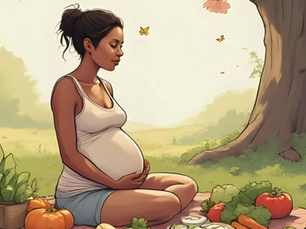 Healthy pregnancy diet with fresh fruits, vegetables, whole grains, protein-rich foods, and probiotic-rich yogurt for mother and baby wellness.