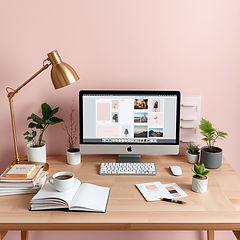 Light Wooden office desk, with pastel colours in the background, gold desk lamp with plant