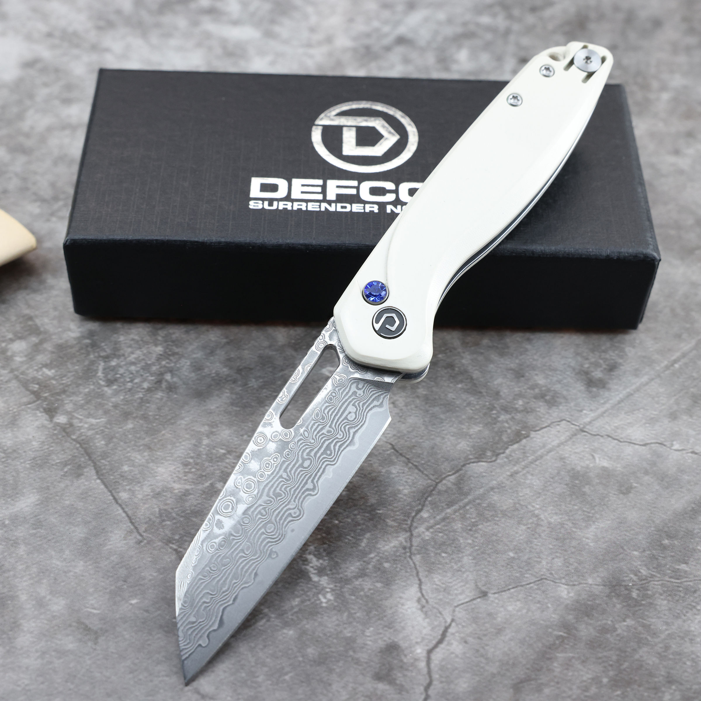 DEFCON TD020 - Warhawk SP- PEEK Handle Button Lock Folder w/ Damascus Blade