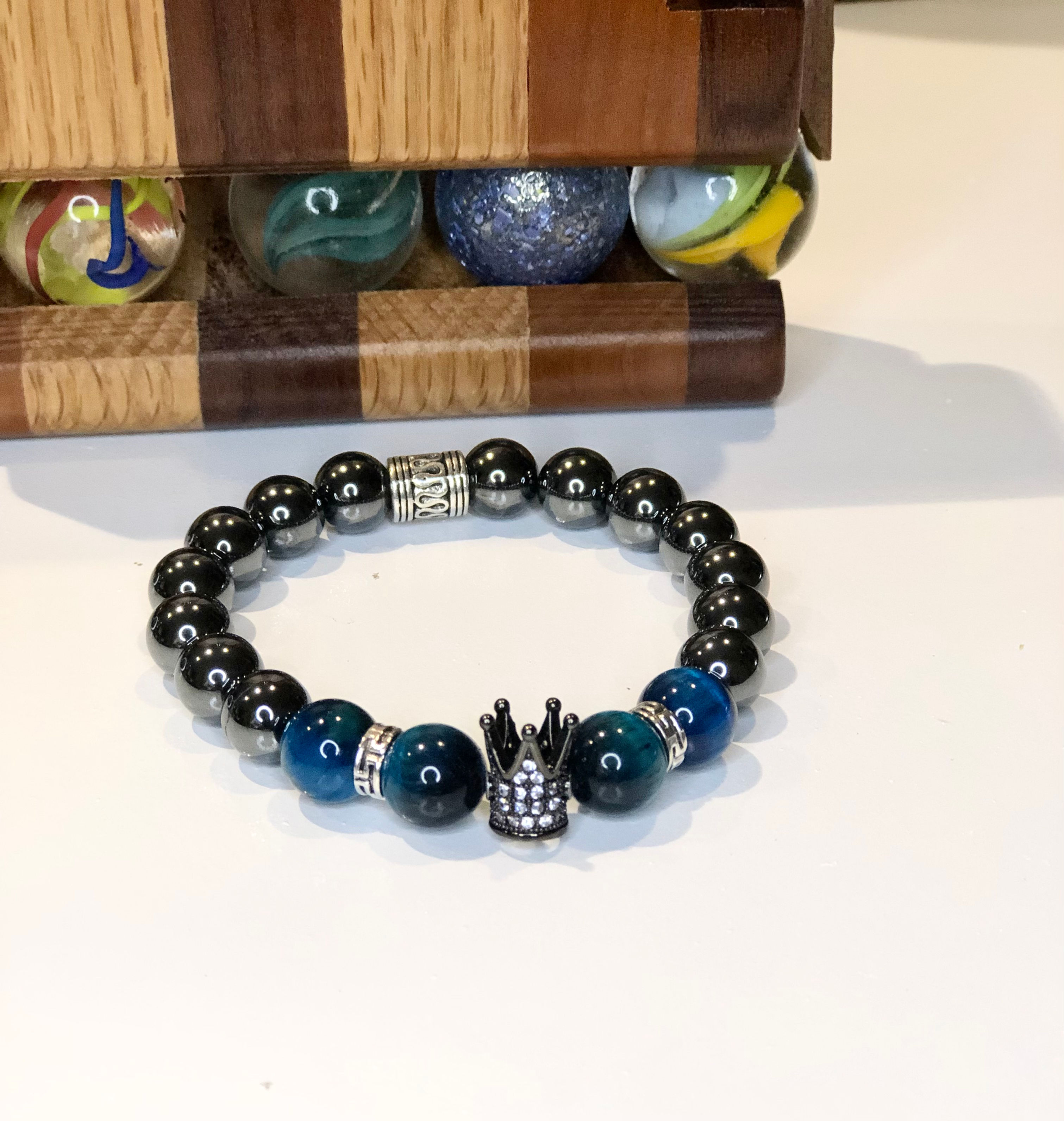 Item #223 Handmade Dark Blue Tiger Eye & Hematite w/ crown bracelet