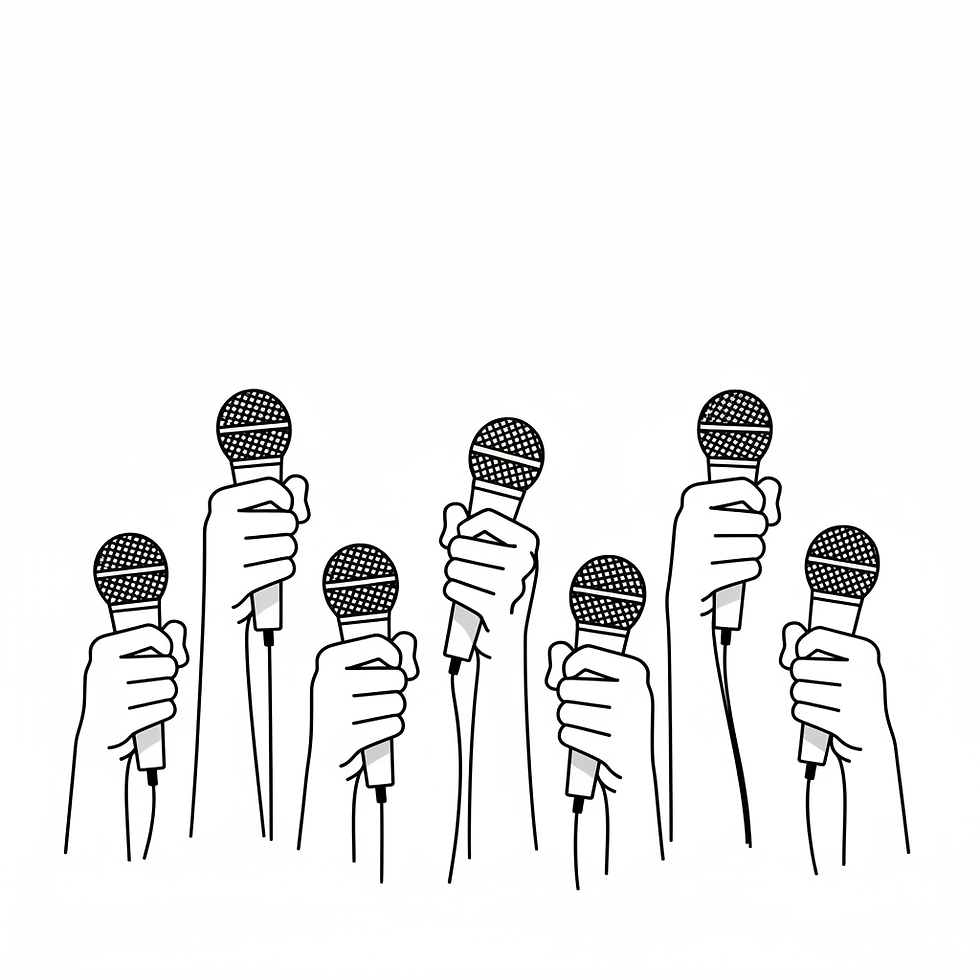 Several hands holding microphones reach up from the bottom of the screen towards the heading. Representing the desire of phage one voice to unify phage research and advocacy.