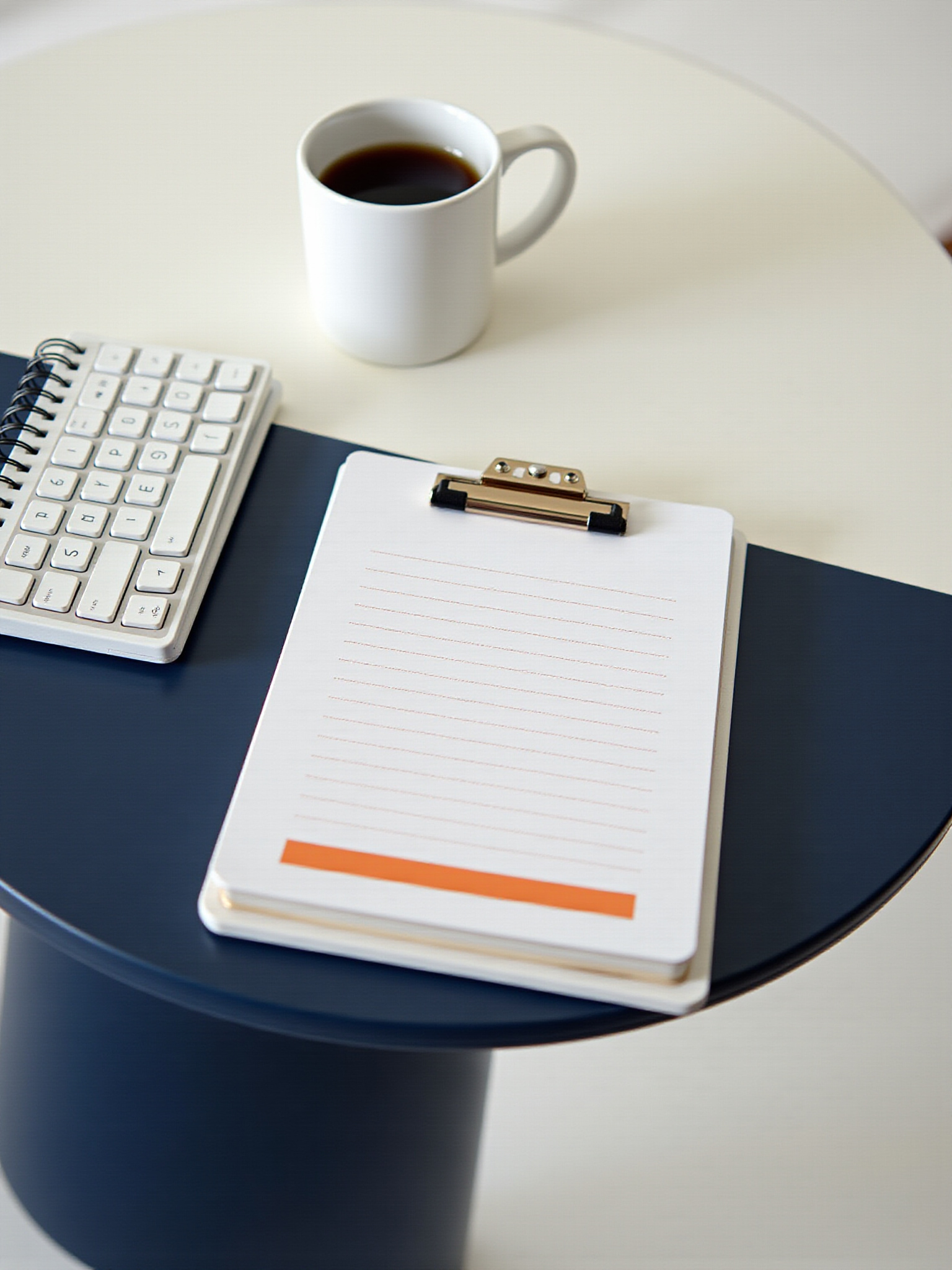 Taza de café, portapapeles con papel rayado y teclado sobre mesa bicolor.